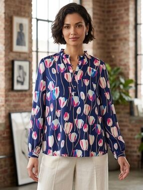 Talbots Navy Floral Tulip Print Long-Sleeve Blouse Size L